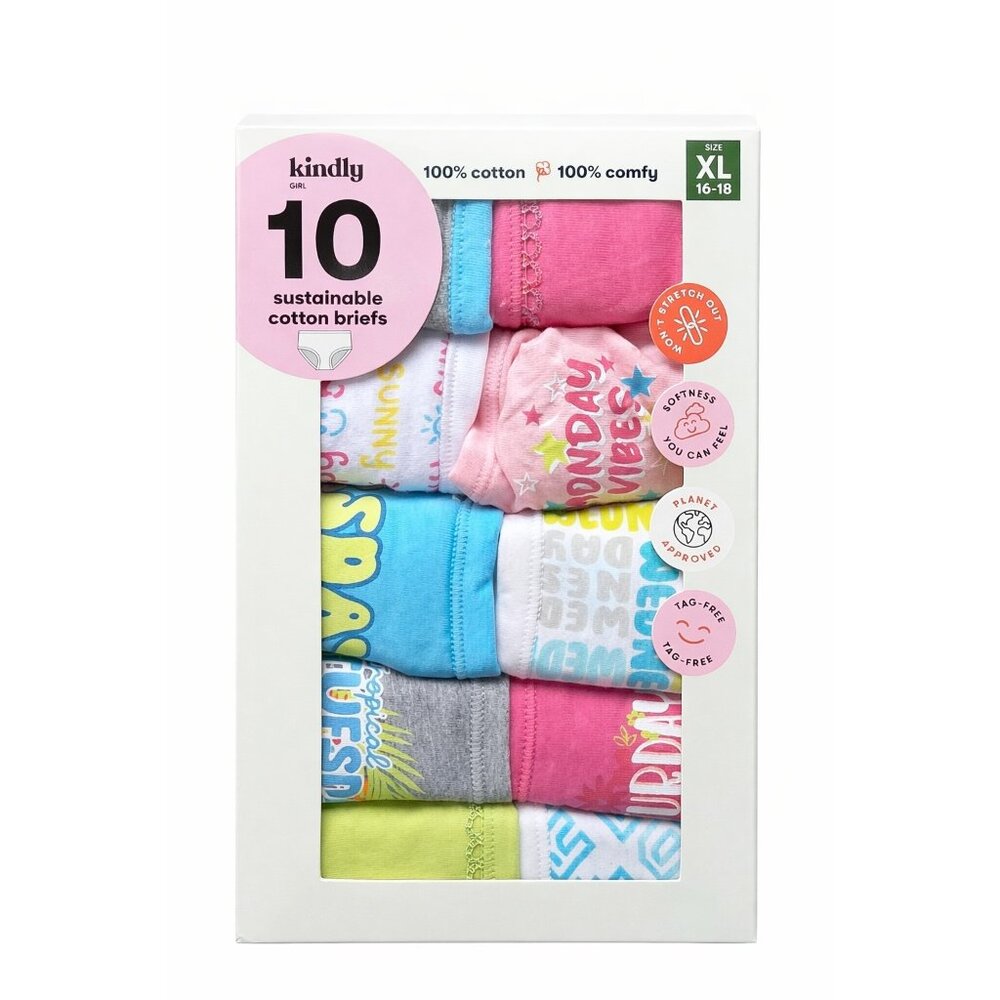 Kindly Girls 10 Pack Cotton Briefs XL 16-18 Sustainable Underwear